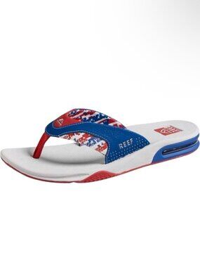 Mens 14 Reef Fanning Flip Flops Bottle Opener Patriotic Sandals Red White Blue
